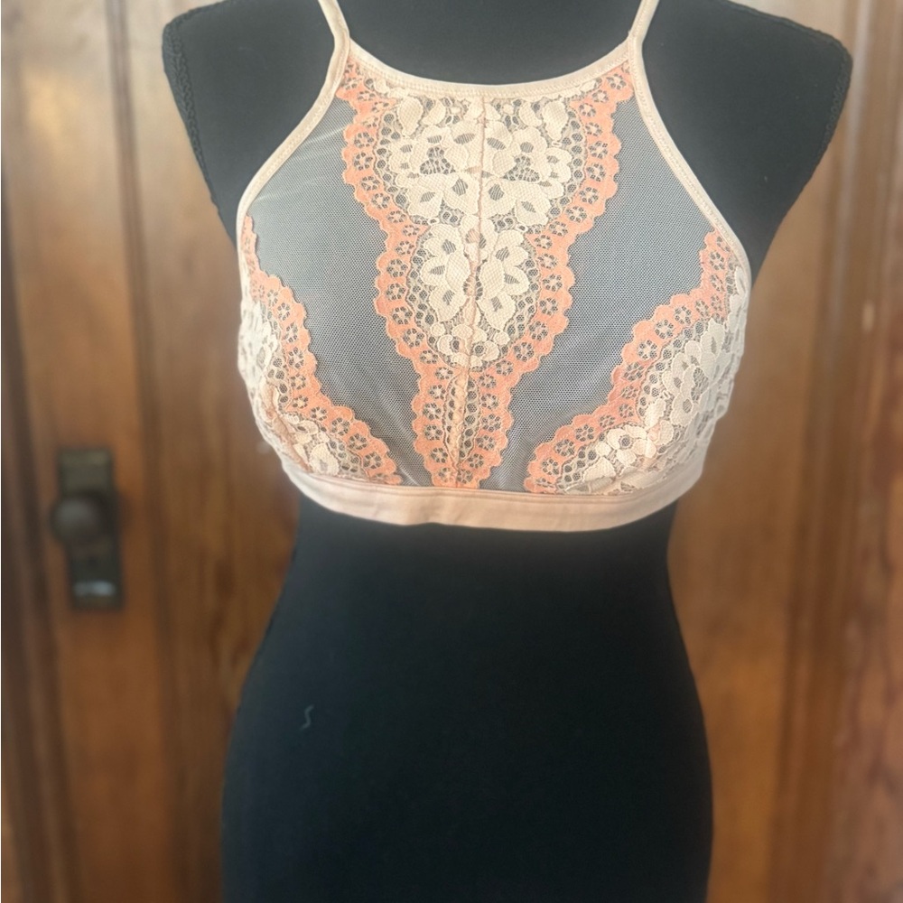 Lace Halter Bralette - Peach and Cream